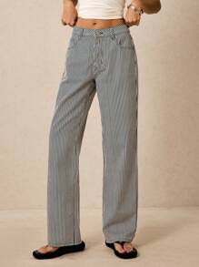 Poéselle 女士条纹牛仔裤，夏季时尚女士牛仔裤低腰直筒牛仔裤女士牛仔休闲宽松裤蓝色条纹裤女士裤子 - 深色水洗藍 - 查看 4