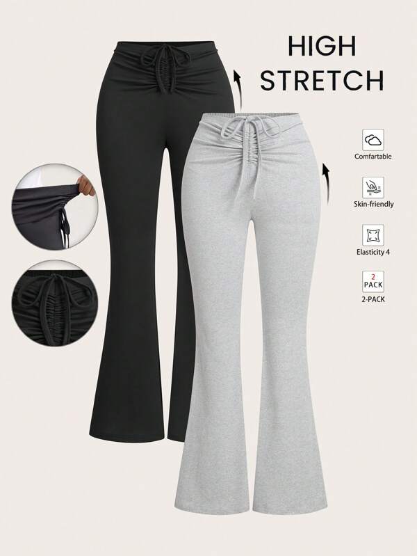 SHEIN EZwear 2 قطعة بنطال نسائي كاجوال مرن الخصر مع ربطة زخرفية وسحاب، تصميم متعدد الاستخدامات ومفصل