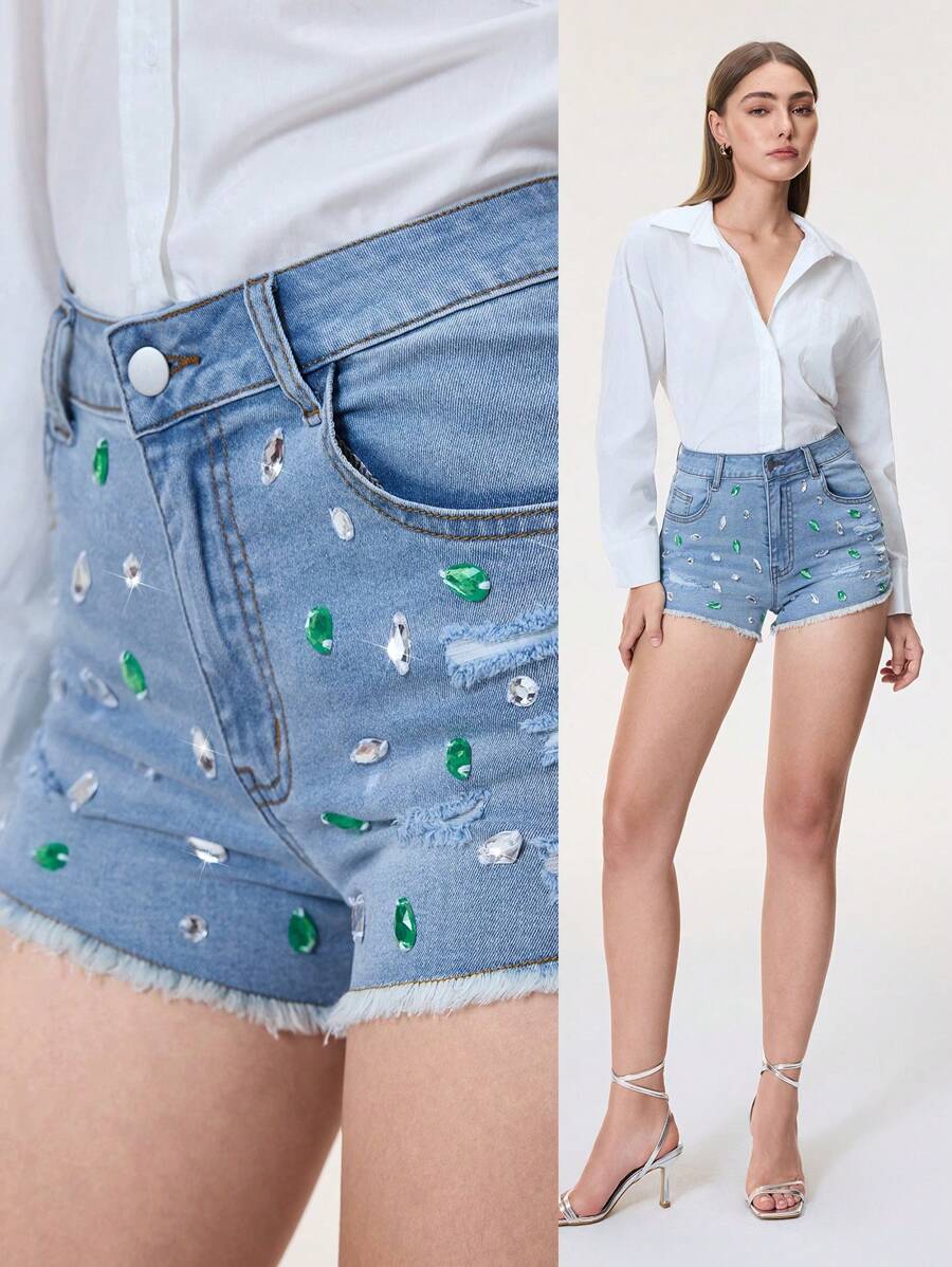 SHEIN Frenchy Women's Light Blue Colored Rhinestone Decorated Denim Shorts May Birthstone Emerald Craftsmanship Collection,Summer,Alien,Club Night,Rave - Light Wash - View 1