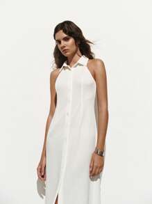 SHEIN Unity Textured Plain Color Shirt Collar City Commuting Women Long Dress - White - View 7
