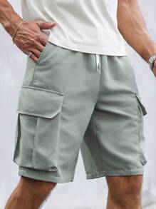 Manfinity Homme Men's Solid Color Drawstring Pocket Casual Cargo Shorts, Summer