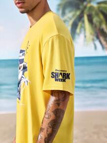 Shark Week X SHEIN 鲨鱼与字母图案圆领短袖 T 恤 - 黃色 - 查看 5