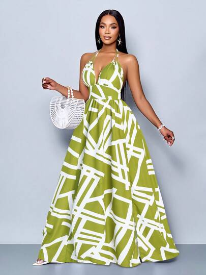 SOLERSUN Women Casual Holiday Deep V Neck Backless Ruched Split Thigh Maxi Dress With Botanical Print