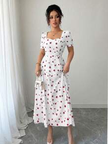 Elenzga Đầm Maxi thường ngày in họa tiết cổ tim tay ngắn cho nữ - Đỏ - Xem 5