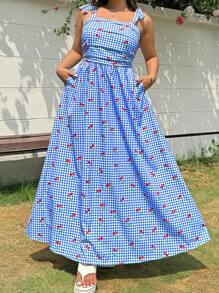 SHEIN EZwear Plus Size Women Cherry Print Plaid Pleated Pockets Casual Holiday Strap Dress