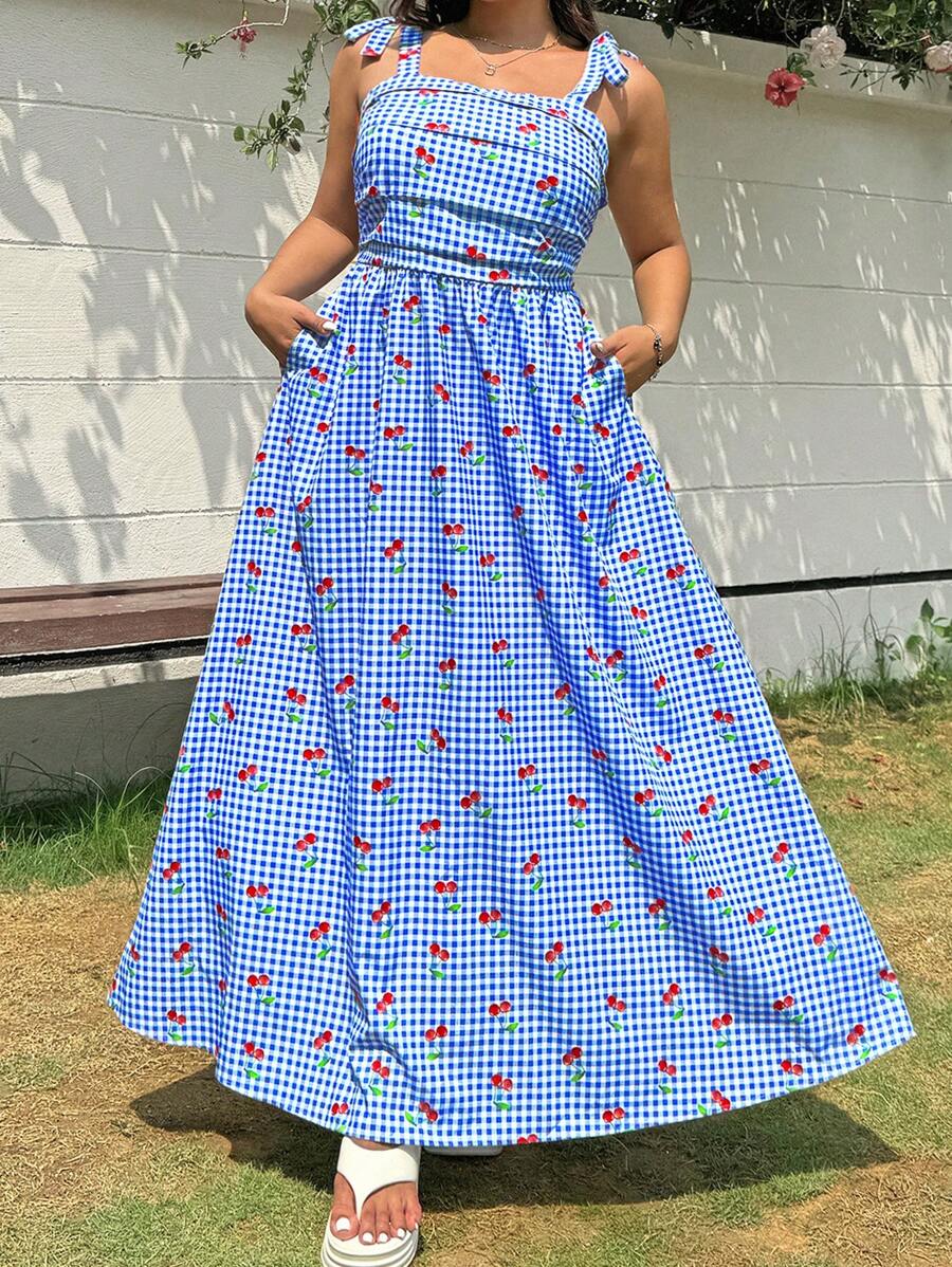 SHEIN EZwear Plus Size Women Cherry Print Plaid Pleated Pockets Casual Holiday Strap Dress