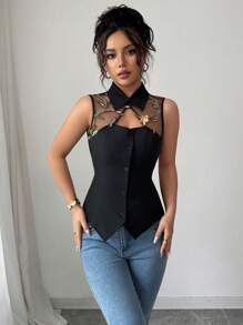 Elenzga Women Casual 3D Rose Mesh Patchwork Blouse (Random Floral Print), Summer - Black - View 4