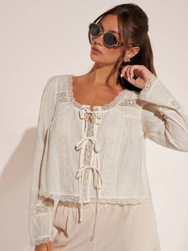 COSMINA Women's Solid Color Contrast Lace Long Sleeve Front Tie Elegant Blouse