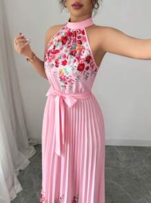 Elenzga Women's Summer Elegant Floral Loose-Fitting Halter Dress - Pink - View 4