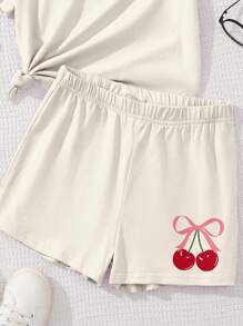 SHEIN 2pcs Set Cute Pink Bow & Cherry Print Tween Girl Casual Simple Short Sleeve T-Shirt And Shorts, Suitable For Summer