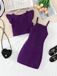 Elladie kids 2pcs/Set Young Girl Valentine's Day Fashion Chic Knit Ruffle Sleeveless Top + Cami Dress Spring Outfit Baby Purple,Summer,Birthday Lilac Purple Set - Purple - View 2