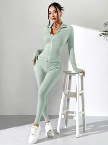 SHEIN EZwear 薄荷绿女士针织长袖夹克、背心和紧身裤运动套装 - 薄荷綠 - 查看 4