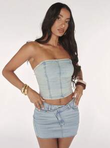 SHEIN BAE Women's Bustier Crop Top, Herringbone Stitching Stylish Denim Blouse