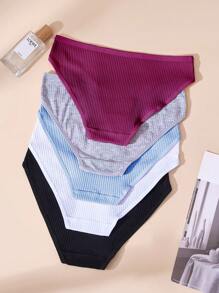 5pcs Teen Girl Minimalist Ribbed Seamless Comfy Briefs - Multicolor - View 2