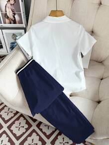 Conjunto de 2 peças para meninos pré-adolescentes: camisa polo de manga curta com estampa de 4 de julho e cinto, calça comprida, estilo cavalheiro, adequado para deslocamento diário, escola, uso casual diário, faculdade, esportes, primavera/verão