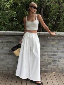 Livesso Pantalones anchos blancos para mujer, pantalones urbanos casuales y sueltos elegantes - Blanco - Ver 2