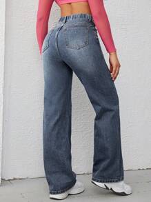 SHEIN ICON 大码高街阔腿牛仔裤，街头风格 - 深色水洗藍 - 查看 2