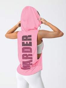 Slayform Women Letter Print Hoodie Active Racerback Tank Top For Everyday Workout - Pink - View 3