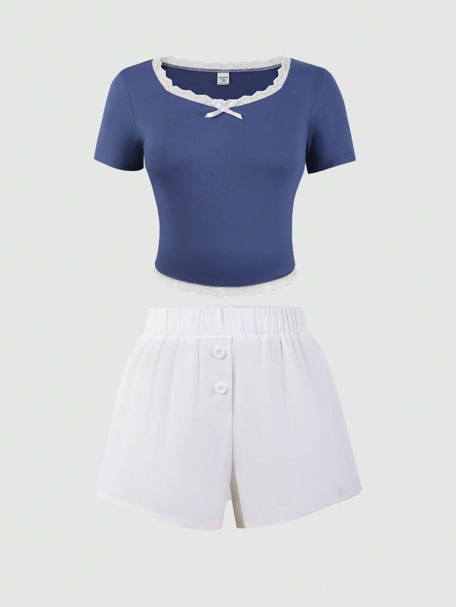 SHEIN Explorewe 2 件青少年女孩蝴蝶结装饰短袖上衣和短裤套装 - 彩色 - 查看 1