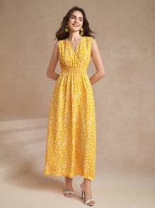 Amorya 女士無袖花卉印花集褶腰裙 - 黃色 - 查看 4