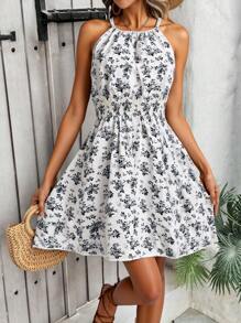 Breezaya 女式优雅花卉蓝白印花无袖圆领连衣裙 - 黑色 - 查看 4