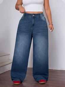 SHEIN EZwear Jeans de verano de mujer de talla grande con bolsillos traseros y diseño bordado, color azul oscuro - Azul lavado oscuro - Ver 4