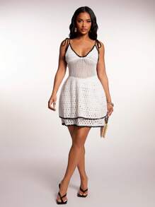 SHEIN SXY New Sexy Solid Colorblock Splice Double Layer Spaghetti Strap Bodycon Mini Dress For Women, Summer - Black and White - View 3