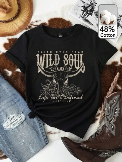 SHEIN EZwear Casual Vintage Western Cowgirl "Wild Soul" Floral Graphic T-Shirt For Women, Retro