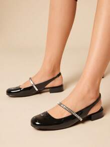 SHUZIA Women Fashion Daily Versatile Rhinestone Decor Sling Pumps - Black - View 2