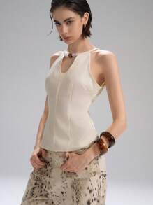 LYSMO 2025 New Arrivals Spring-Summer Women's Sleeveless Linen Tank Top With Agate Bead-Embellished Neckline And Cinched Waist, Retro And Casual, Vacation Style, Boho Chic, Country Cottagecore - Apricot - View 1