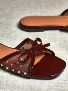 SHUZIA Giày Sandal Đế Bằng Thoải Mái Có Nơ Trang Trí Cho Nữ - Cà phê nâu - Xem 5