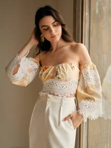 Anewsta Camicetta corta da donna con scollo a spalle scoperte, in pizzo e pannelli, moda, estiva, per festival, elegante, per vacanze, casual, di classe, adatta anche per la spiaggia