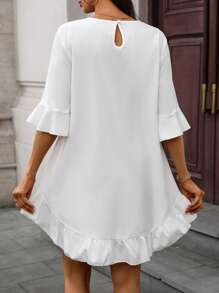 SHEIN LUNE Abstract Figure Print Round Neck Asymmetrical Hem Short Sleeve Dress - White - View 2