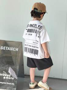 SHEIN 两件套年轻男童休闲舒适百搭印花短袖衬衫和短裤套装 - 黑與白 - 查看 8