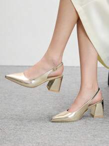 CUCCOO BIZCHIC Women's Fashion Gold Open Heel Pointed Toe Chunky Heel Pumps, Classic Minimalist For Commute, Date, Party, Holiday, Wedding For Christmas - Gold - View 3