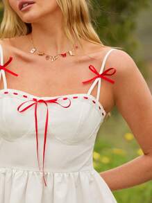 WESTFADE Robe mini style corset bohème à volants, avec dos froncé, fines bretelles nœud, finition popeline et satin, idéale pour une tenue décontractée lors d'un déjeuner, une soirée rodéo à Nashville ou des vacances - Blanc - Voir 2
