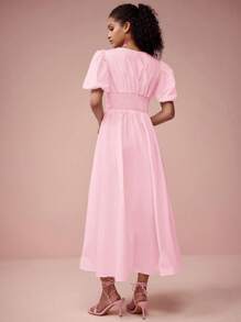 Enchnt Váy ngắn tay màu trơn cho nữ, thời trang cho mùa hè - Màu Hồng baby - Xem 6