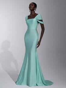 Elitara Elegant, Romantic, Luxurious, Dignified, Knitted Elastic Fabric, Strapless, Waisted, Hollow-Out, Pleated, Metal Chain, Trailing, Fish Tail Hem, Adjustable Back Strap, Suitable For Birthday Party, Date, Wedding, Formal Gala, Formal Evening Dress, Gown, For Wedding Guest
