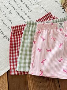 LMoss Kids Conjunto de 1 + 3 para niña, compuesto por pantalones cortos integrados con parche, lazo y estampado de letras, adecuado para el hogar, salidas, deportes y compras