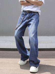 Manfinity Roghcode 男士夸张金属链装饰宽松牛仔裤 - 中等水洗藍 - 查看 8