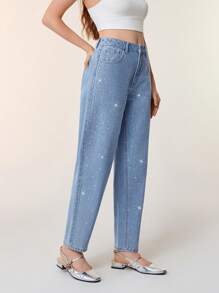 Selenza Washed Distressed Rhinestone Jeans, Casual Tapered Pants - Blue and White - View 3