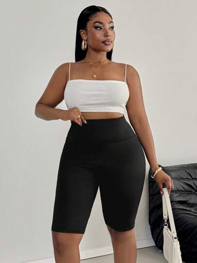 SHEIN PETITE CURVE Plus Size Women Plain Color Casual Basic Leggings, Suitable For Summer Short Leggings Mid-Thigh Shorts, Suitable For People Of Shorter Stature,High-Waisted Leggings,Daily Leisure, Sports,Summer,Carnival Costume For Women,Holiday