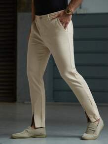 Manfinity BRENVOR Men's Casual Woven Loose Fit Solid Color Elastic Waist Straight Leg Pants, Daily Young Wear