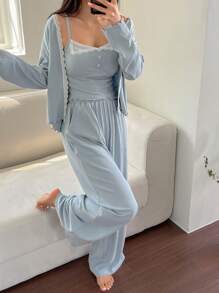 DAZY Conjunto de pijama de 3 piezas con bata, top camiseta y pantalones con encaje y contraste de colores dulces para mujer, ropa de otoño e invierno