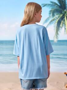 Shark Week X SHEIN Tween Girl Shark & Letter Graphic Round Neck Short Sleeve T-Shirt - Blue - View 2