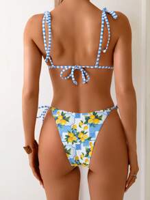 Swim Vcay 女士海滩夏季音乐节蝴蝶结条纹柠檬印花结可爱假日比基尼套装 - 彩色 - 查看 3