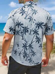 Manfinity RSRT Áo sơ mi nam tay ngắn in hình cây cọ cỡ lớn, đơn hàng thường ngày - Màu xanh bụi bặm - Xem 2