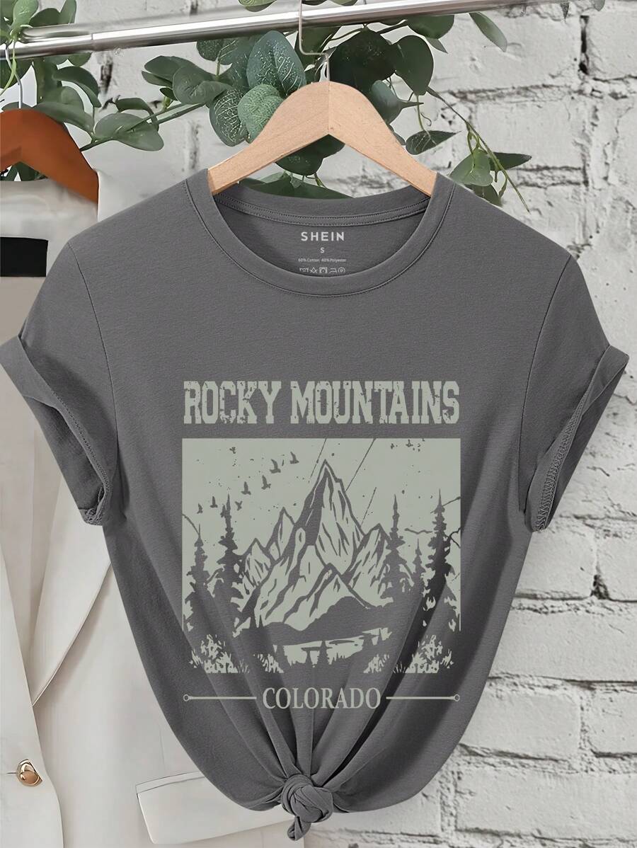 INAWLY 女士休闲日常百搭字母与山峰印花短袖 T 恤 - 深灰色 - 查看 1