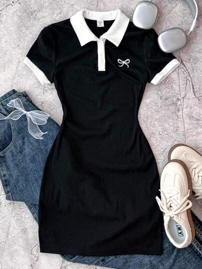 Teen Girls Black And White Casual Personalized Contrast Collar Ribbed Knit Buttons Snug Fit Dress, Summer Dresses, Butterfly Embroidery