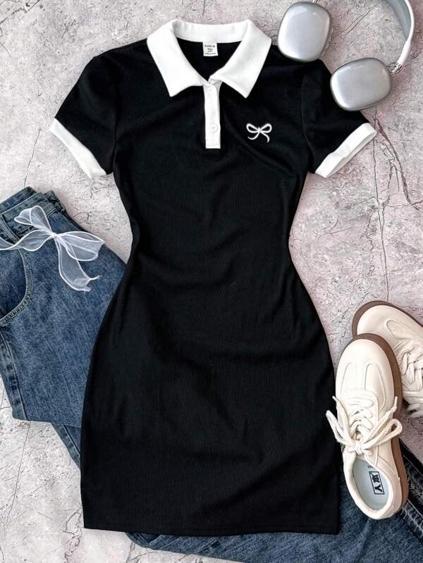 SHEIN Tween Girl Black And White Casual Personalized Contrast Collar Ribbed Knit Buttons Snug Fit Dress, Summer Dresses, Butterfly Embroidery